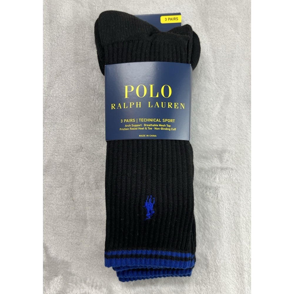 Polo Ralph Lauren 3 Pairs Socks Men 10-13 Black Technical Sport Breathable Pony